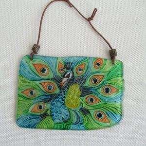VTG Peacock Bird Stained Glass Window Hanging Sun Catcher Colorful 6.5" x 4.25"